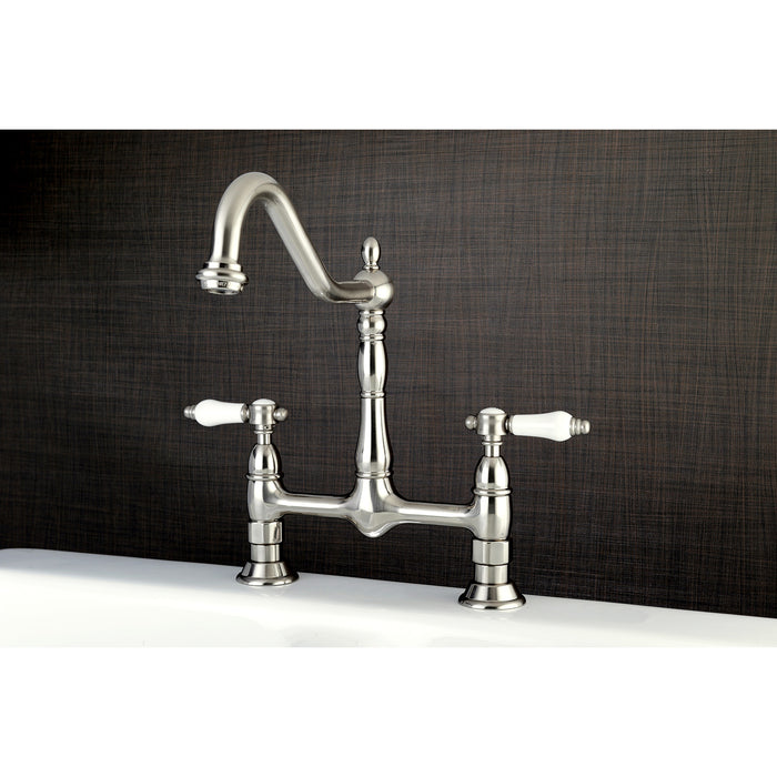 Kingston Heirloom KS1178BPL - Bel-Air Two-Handle 2-Hole Deck Mount Bridge Kitchen Faucet, Brushed Nickel