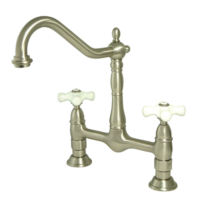 Kingston Heirloom KS1178PX - Heritage Two-Handle 2-Hole Deck Mount Bridge Kitchen Faucet, Brushed Nickel