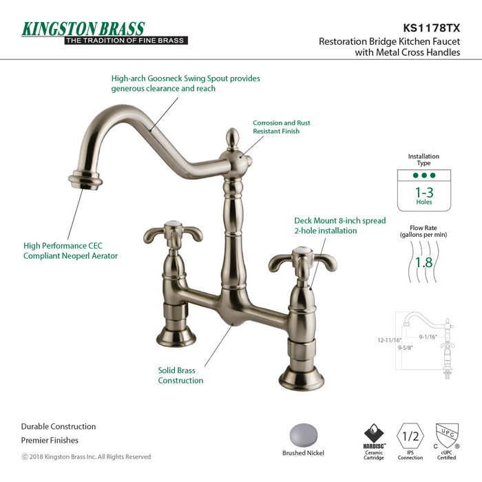 Kingston Heirloom KS1178TX - French Country Two-Handle 2-Hole Deck Mount Bridge Kitchen Faucet, Brushed Nickel