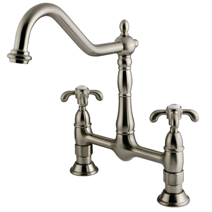 Kingston Heirloom KS1178TX - French Country Two-Handle 2-Hole Deck Mount Bridge Kitchen Faucet, Brushed Nickel