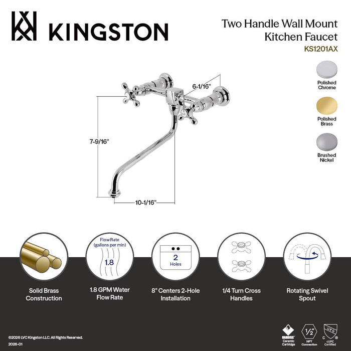 Kingston Heirloom KS1208AX - Heritage Two-Handle 2-Hole Wall Mount Bridge Kitchen Faucet, Brushed Nickel