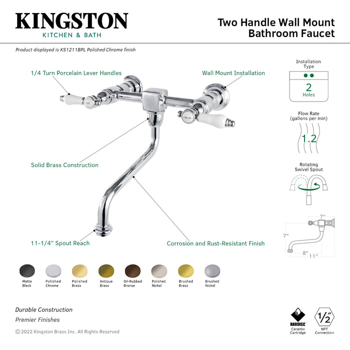 Kingston Heirloom KS1210BPL - Bel-Air Double-Handle 2-Hole Wall Mount Bathroom Faucet, Matte Black