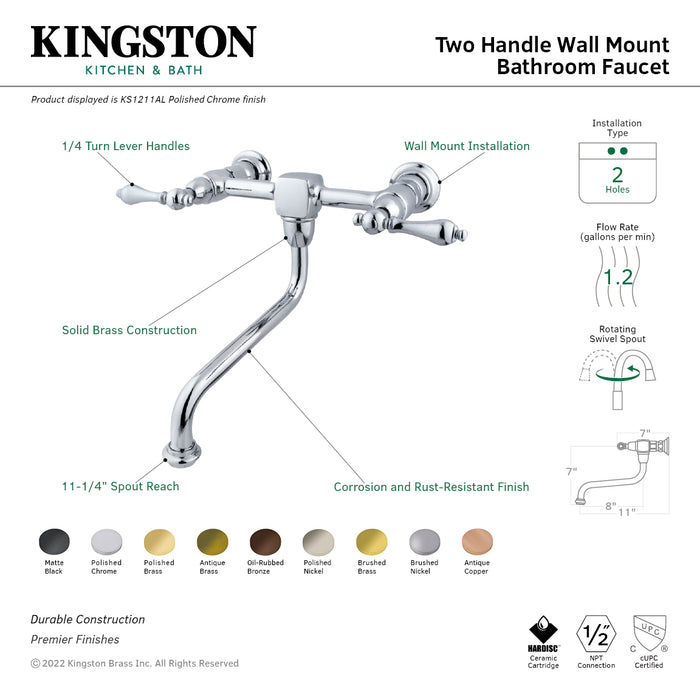 Kingston Heirloom KS1212AL - Heritage Double-Handle 2-Hole Wall Mount Bathroom Faucet, Polished Brass