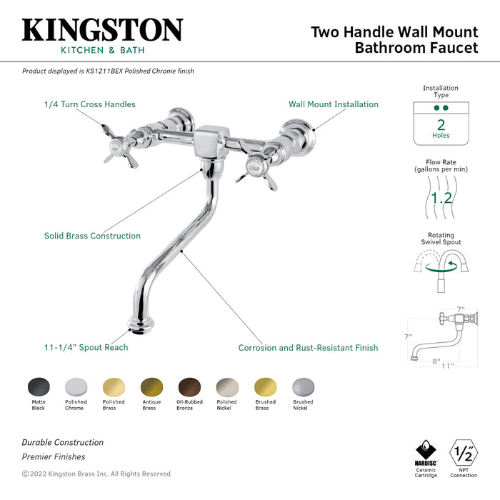 Kingston Heirloom KS1212BEX - Essex Double-Handle 2-Hole Wall Mount Bathroom Faucet, Polished Brass