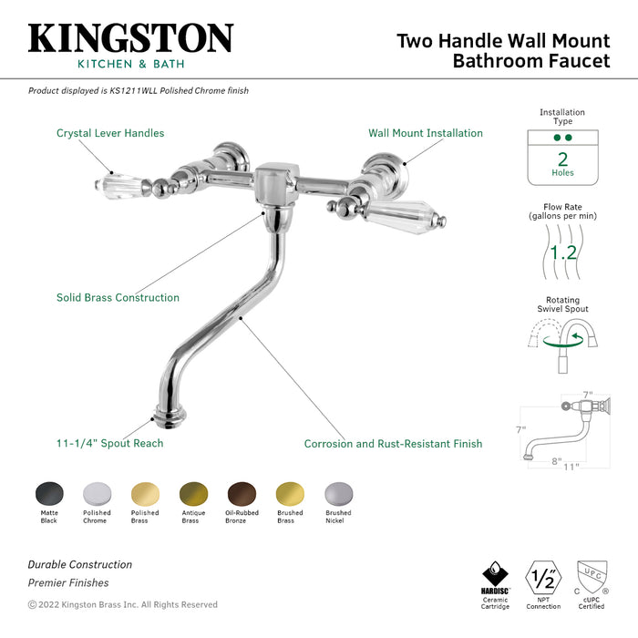 Kingston Heirloom KS1212WLL - Wilshire Double-Handle 2-Hole Wall Mount Bathroom Faucet, Polished Brass