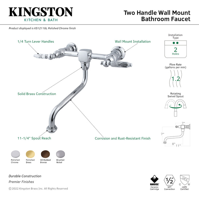 Kingston Heirloom KS1215GL - Heritage Double-Handle 2-Hole Wall Mount Bathroom Faucet, Oil Rubbed Bronze
