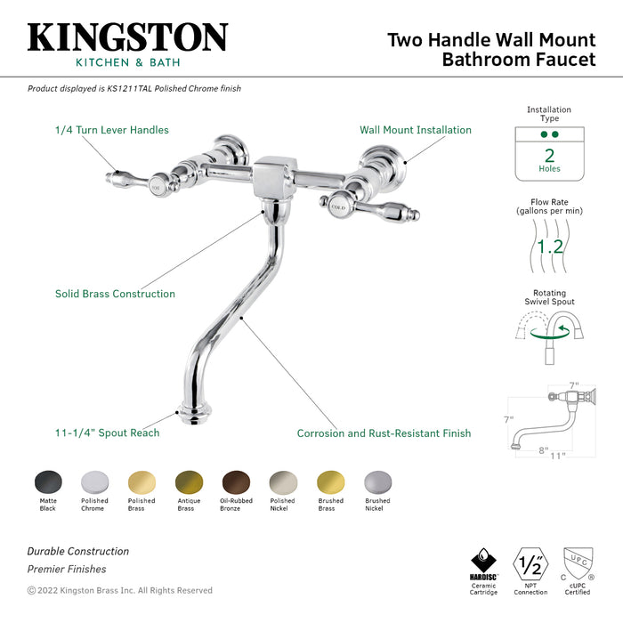 Kingston Heirloom KS1215TAL - Tudor Double-Handle 2-Hole Wall Mount Bathroom Faucet, Oil Rubbed Bronze