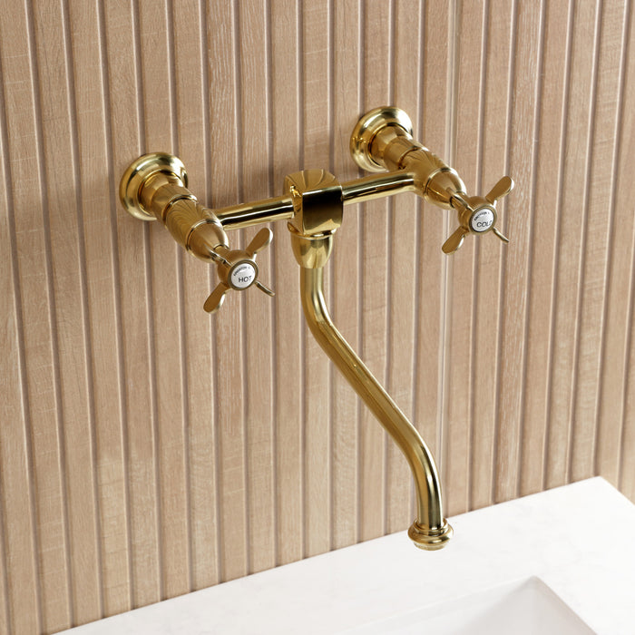 Kingston Heirloom KS1217BEX - Essex Double-Handle 2-Hole Wall Mount Bathroom Faucet, Brushed Brass
