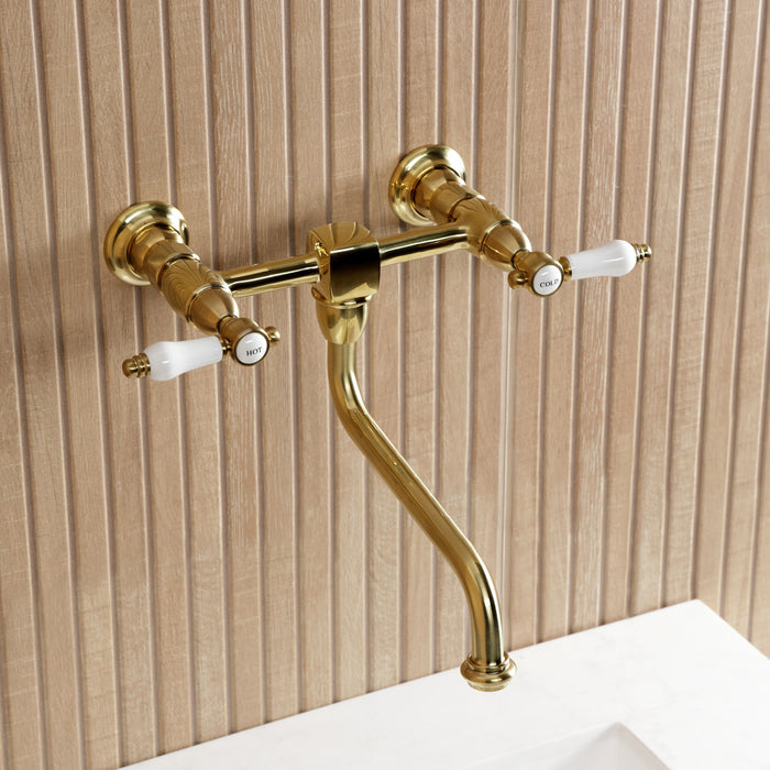 Kingston Heirloom KS1217BPL - Bel-Air Double-Handle 2-Hole Wall Mount Bathroom Faucet, Brushed Brass