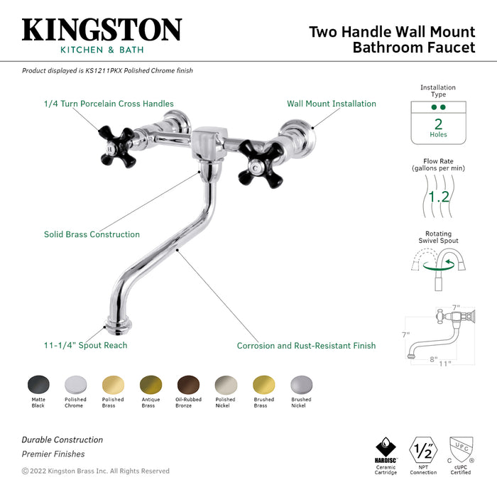 Kingston Heirloom KS1217PKX - Duchess Double-Handle 2-Hole Wall Mount Bathroom Faucet, Brushed Brass