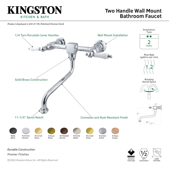 Kingston Heirloom KS1217PL - Heritage Double-Handle 2-Hole Wall Mount Bathroom Faucet, Brushed Brass