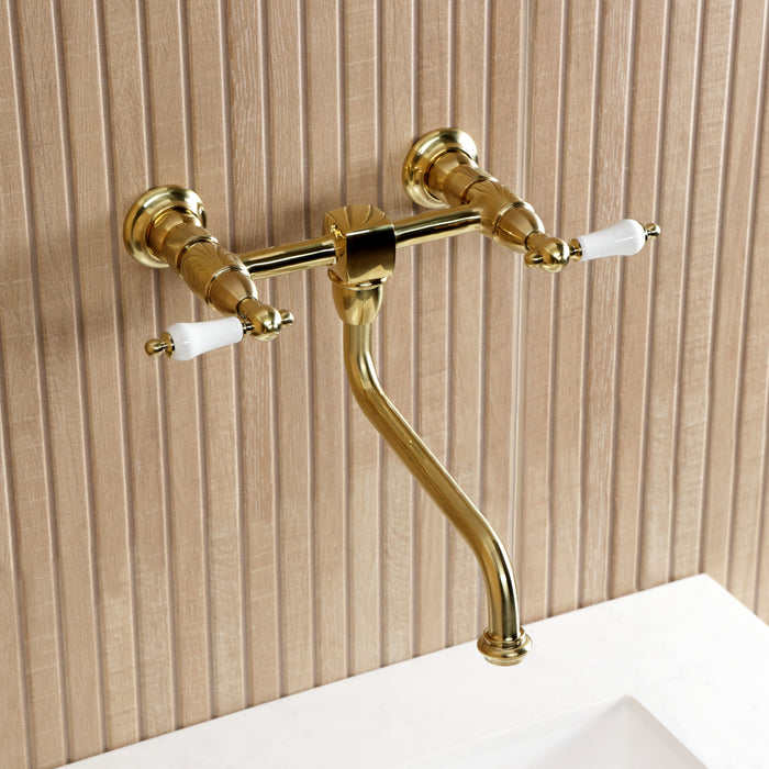 Kingston Heirloom KS1217PL - Heritage Double-Handle 2-Hole Wall Mount Bathroom Faucet, Brushed Brass