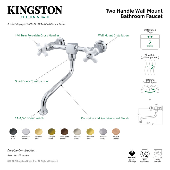 Kingston Heirloom KS1217PX - Heritage Double-Handle 2-Hole Wall Mount Bathroom Faucet, Brushed Brass