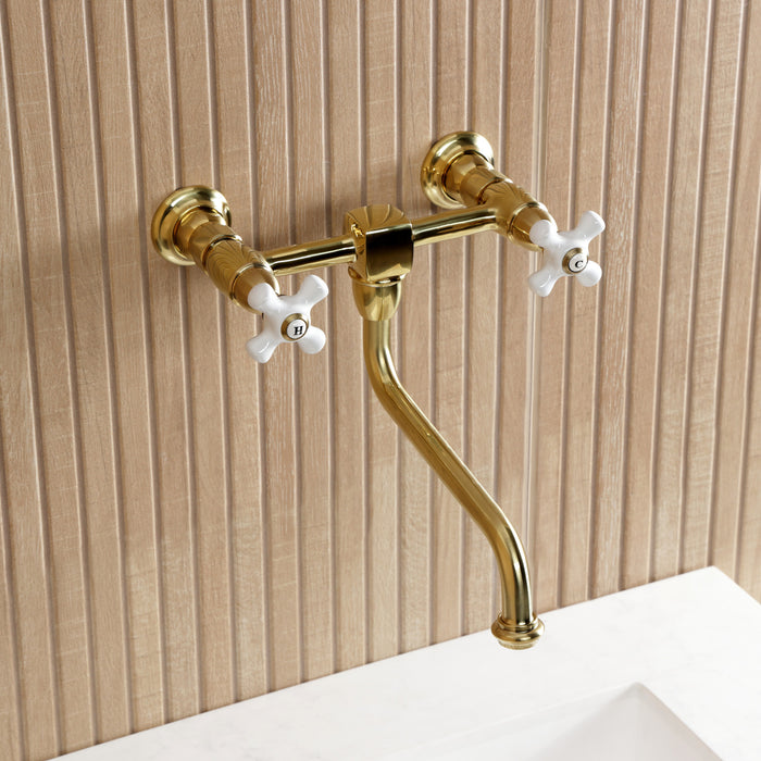Kingston Heirloom KS1217PX - Heritage Double-Handle 2-Hole Wall Mount Bathroom Faucet, Brushed Brass