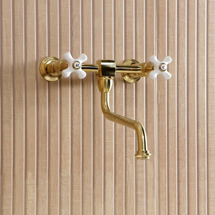 Kingston Heirloom KS1217PX - Heritage Double-Handle 2-Hole Wall Mount Bathroom Faucet, Brushed Brass