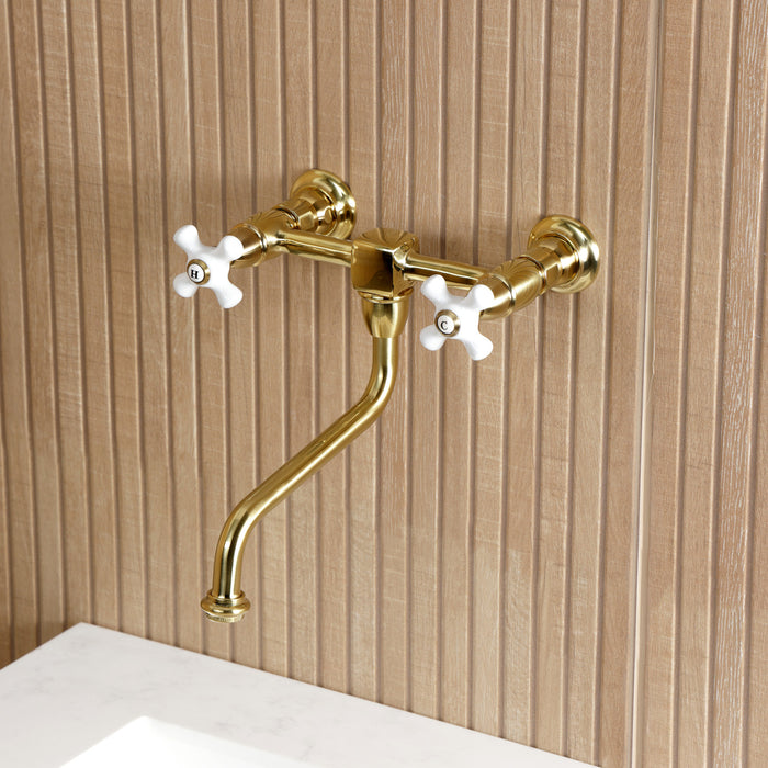 Kingston Heirloom KS1217PX - Heritage Double-Handle 2-Hole Wall Mount Bathroom Faucet, Brushed Brass