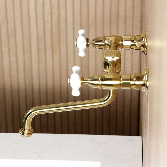 Kingston Heirloom KS1217PX - Heritage Double-Handle 2-Hole Wall Mount Bathroom Faucet, Brushed Brass