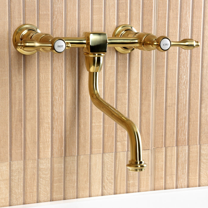 Kingston Heirloom KS1217TAL - Tudor Double-Handle 2-Hole Wall Mount Bathroom Faucet, Brushed Brass
