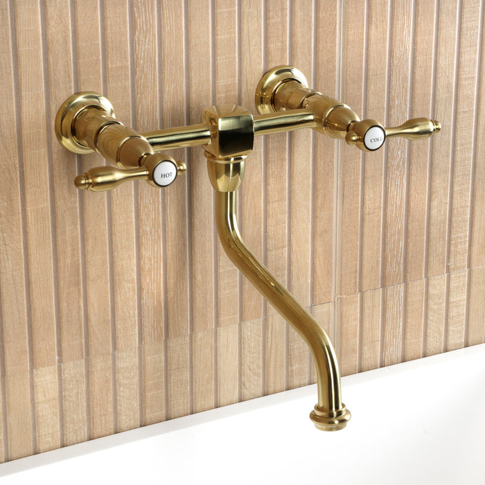 Kingston Heirloom KS1217TAL - Tudor Double-Handle 2-Hole Wall Mount Bathroom Faucet, Brushed Brass