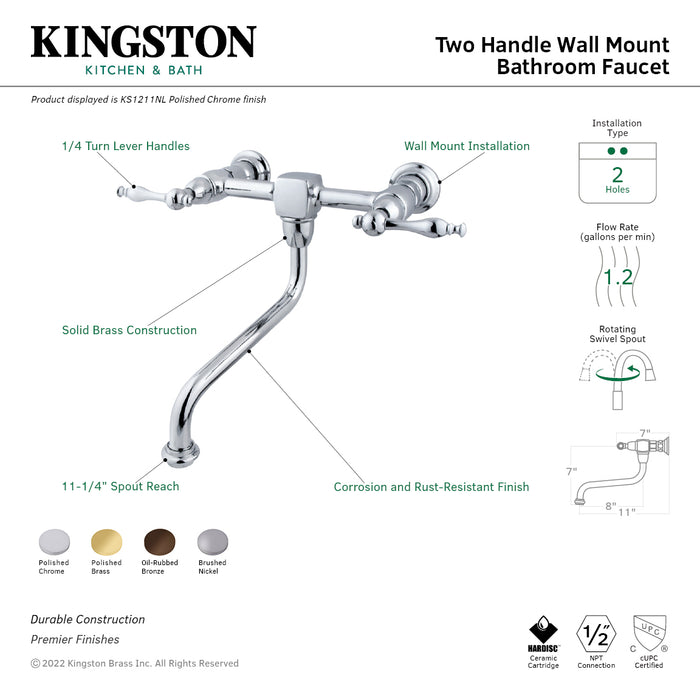 Kingston Heirloom KS1218NL - Heritage Double-Handle 2-Hole Wall Mount Bathroom Faucet, Brushed Nickel