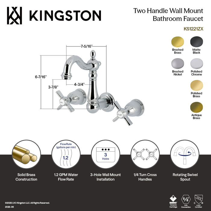 Kingston Heirloom KS1220ZX - Millennium Double-Handle 3-Hole Wall Mount Bathroom Faucet, Matte Black