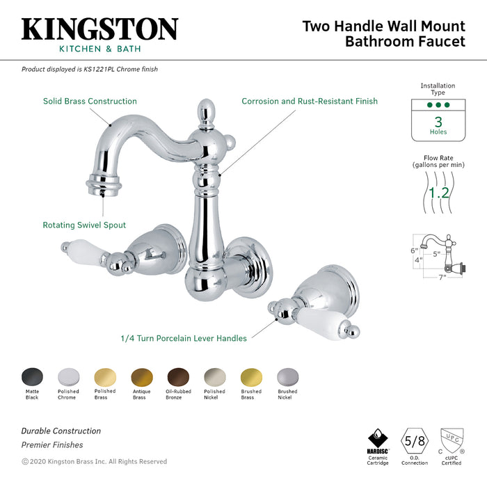 Kingston Heirloom KS1223PL - Heritage Double-Handle 3-Hole Wall Mount Bathroom Faucet, Antique Brass