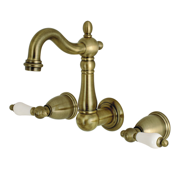 Kingston Heirloom KS1223PL - Heritage Double-Handle 3-Hole Wall Mount Bathroom Faucet, Antique Brass