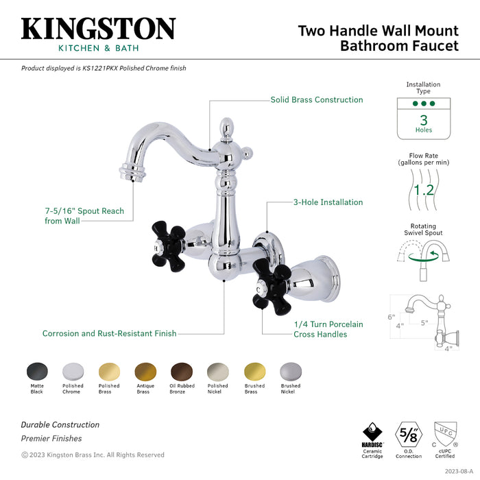 Kingston Heirloom KS1226PKX - Duchess Double-Handle 3-Hole Wall Mount Bathroom Faucet, Polished Nickel