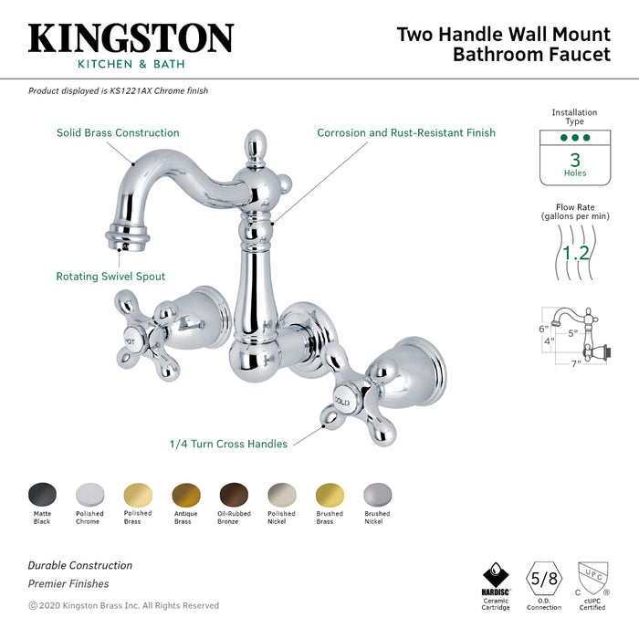 Kingston Heirloom KS1227AX - Heritage Double-Handle 3-Hole Wall Mount Bathroom Faucet, Brushed Brass