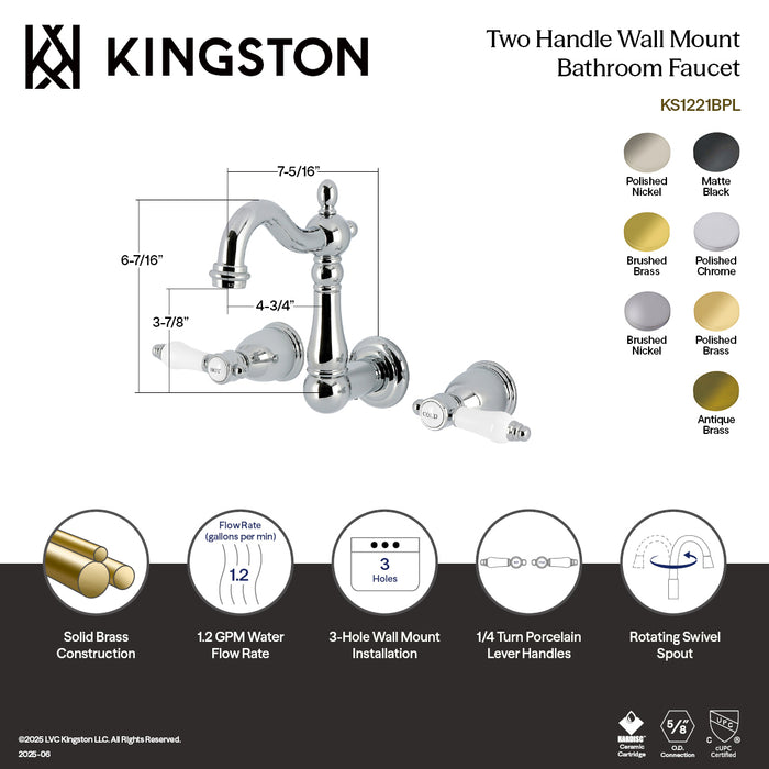 Kingston Heirloom KS1227BPL - Bel-Air Double-Handle 3-Hole Wall Mount Bathroom Faucet, Brushed Brass