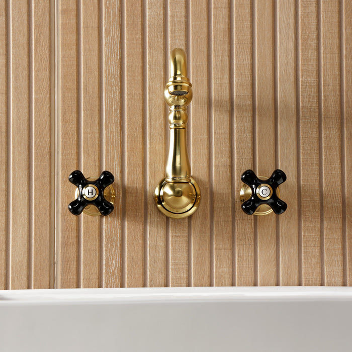 Kingston Heirloom KS1227PKX - Duchess Double-Handle 3-Hole Wall Mount Bathroom Faucet, Brushed Brass