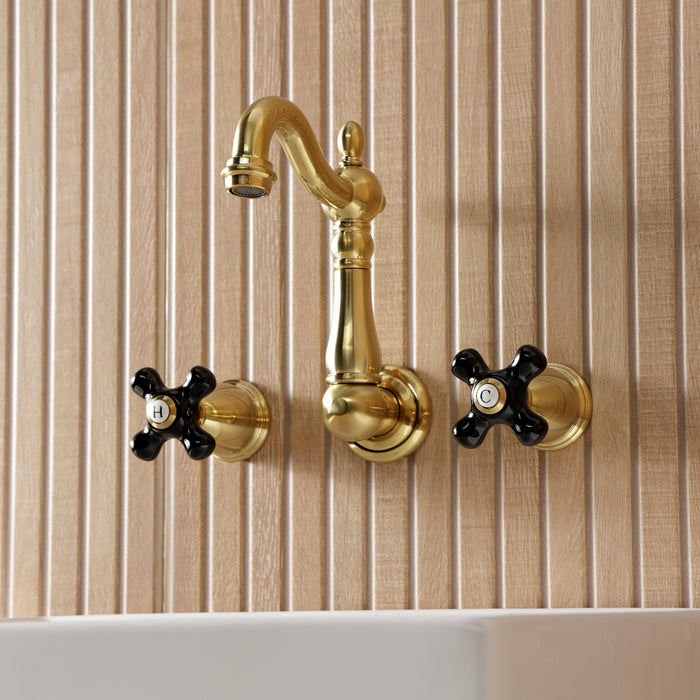 Kingston Heirloom KS1227PKX - Duchess Double-Handle 3-Hole Wall Mount Bathroom Faucet, Brushed Brass