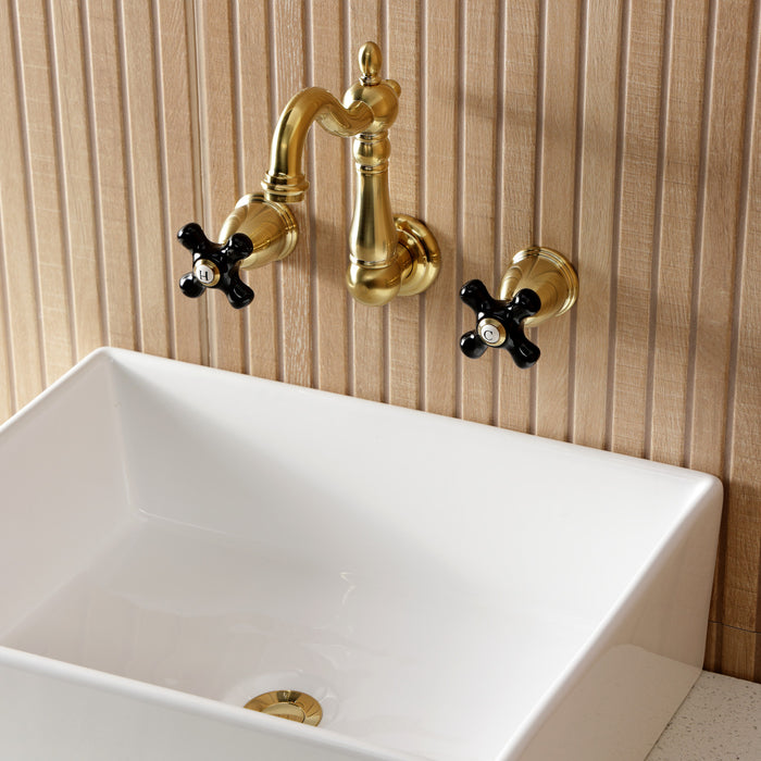 Kingston Heirloom KS1227PKX - Duchess Double-Handle 3-Hole Wall Mount Bathroom Faucet, Brushed Brass