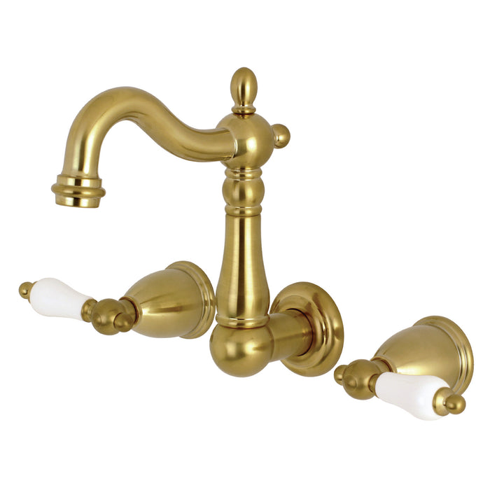 Kingston Heirloom KS1227PL - Heritage Double-Handle 3-Hole Wall Mount Bathroom Faucet, Brushed Brass