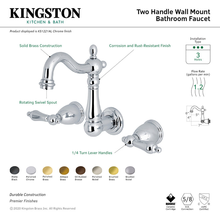Kingston Heirloom KS1228AL - Heritage Double-Handle 3-Hole Wall Mount Bathroom Faucet, Brushed Nickel