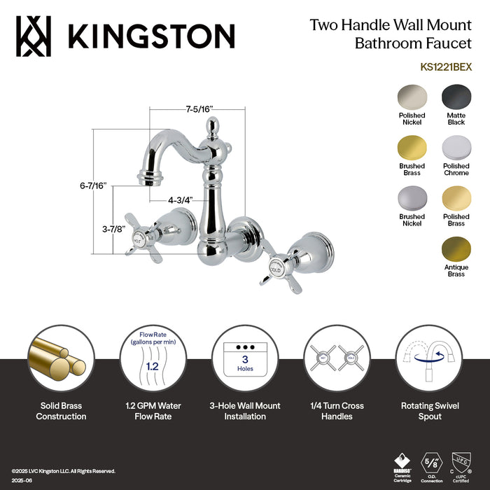 Kingston Heirloom KS1228BEX - Essex Double-Handle 3-Hole Wall Mount Bathroom Faucet, Brushed Nickel