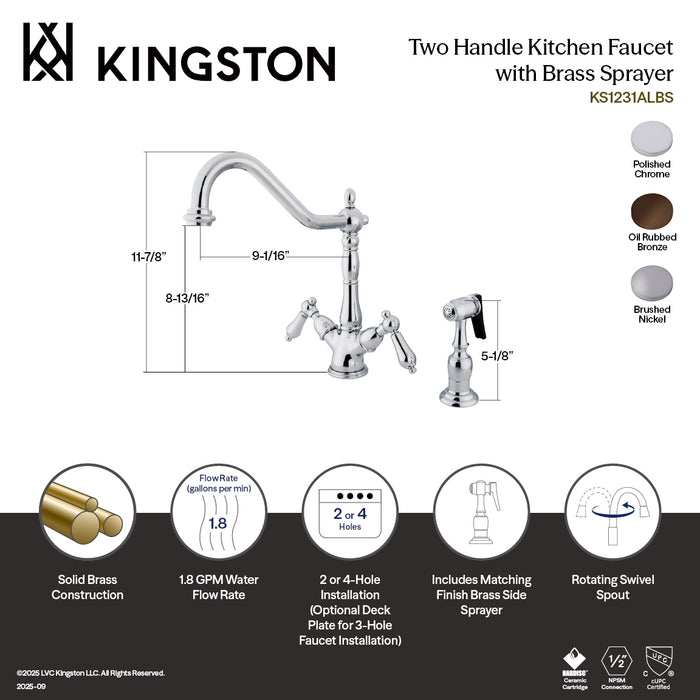 Kingston Heirloom KS1231ALBS - Heritage Two-Handle 2-or-4 Hole Kitchen Faucet with Brass Sprayer, Polished Chrome