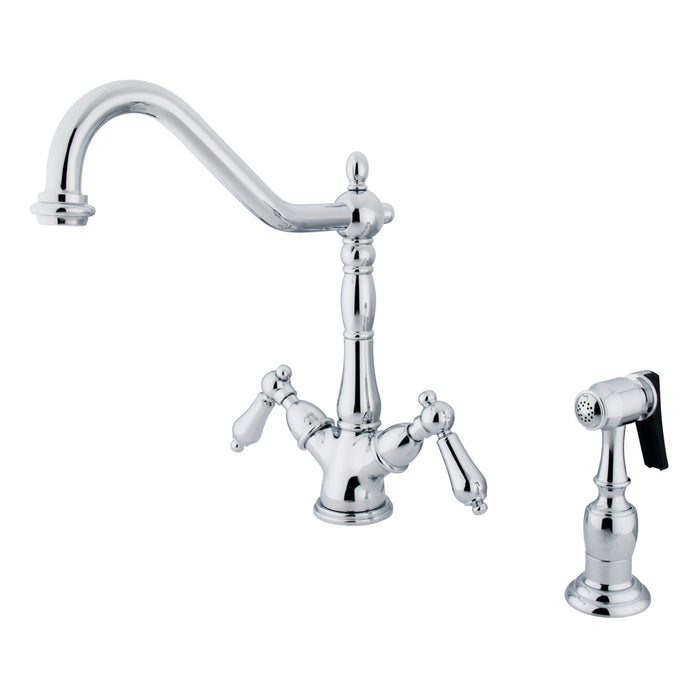 Kingston Heirloom KS1231ALBS - Heritage Two-Handle 2-or-4 Hole Kitchen Faucet with Brass Sprayer, Polished Chrome