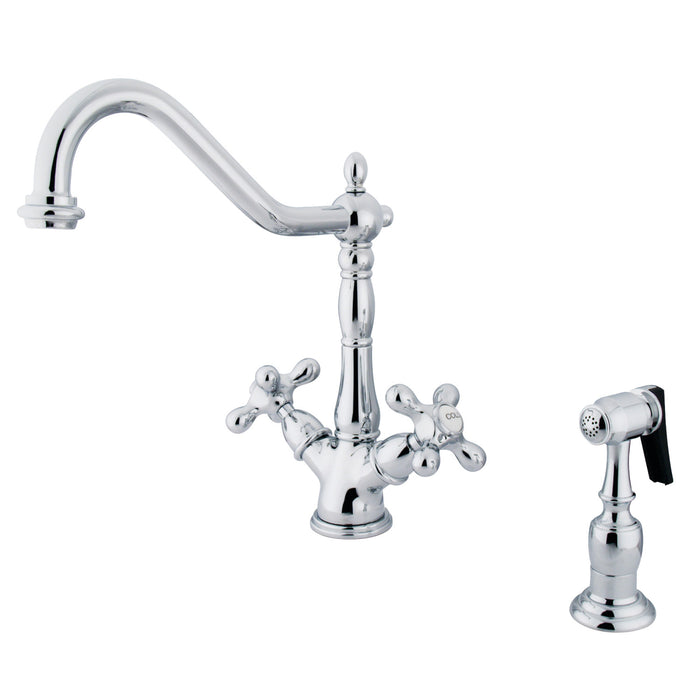 Kingston Heirloom KS1231AXBS - Heritage Two-Handle 2-or-4 Hole Kitchen Faucet with Brass Sprayer, Polished Chrome