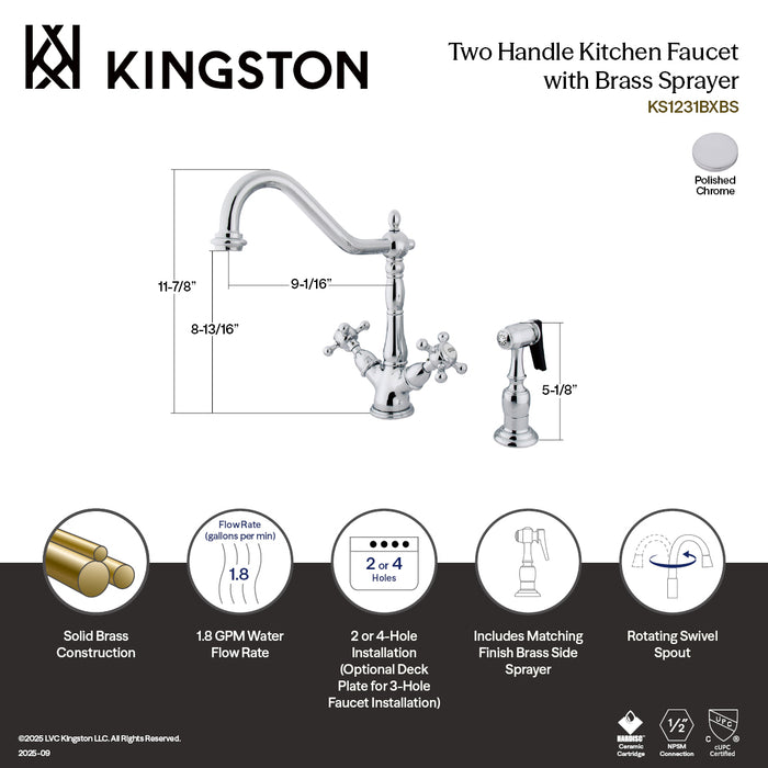 Kingston Heirloom KS1231BXBS - Heritage Two-Handle 2-or-4 Hole Kitchen Faucet with Brass Sprayer, Polished Chrome