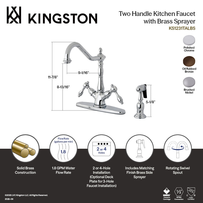 Kingston Heirloom KS1231TALBS - Tudor Two-Handle 2-or-4 Hole Kitchen Faucet with Brass Sprayer, Polished Chrome
