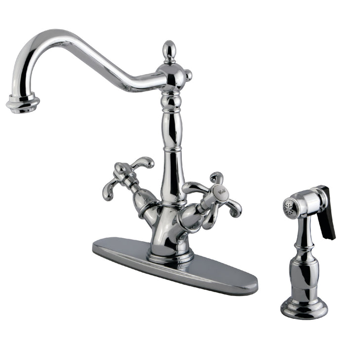 French Country KS1231TXBS Two-Handle 2-or-4 Hole Kitchen Faucet with Brass Sprayer, Polished Chrome