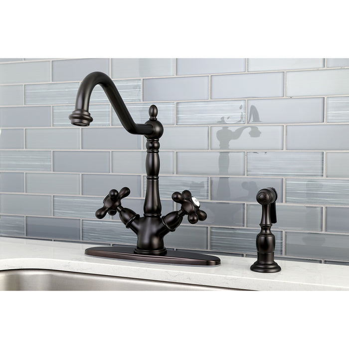Kingston Heirloom KS1235AXBS - Heritage Two-Handle 2-or-4 Hole Kitchen Faucet with Brass Sprayer, Oil Rubbed Bronze