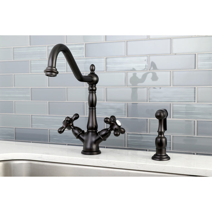 Kingston Heirloom KS1235AXBS - Heritage Two-Handle 2-or-4 Hole Kitchen Faucet with Brass Sprayer, Oil Rubbed Bronze