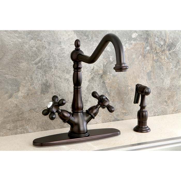Kingston Heirloom KS1235AXBS - Heritage Two-Handle 2-or-4 Hole Kitchen Faucet with Brass Sprayer, Oil Rubbed Bronze