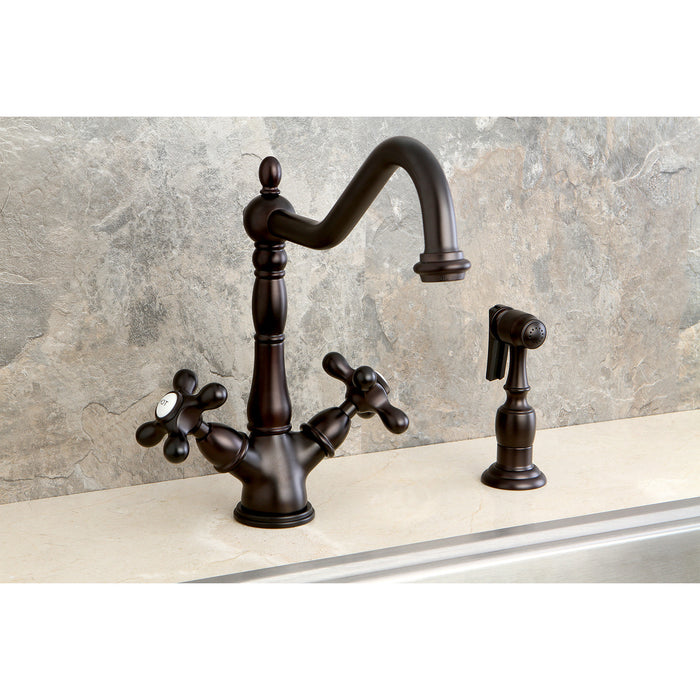 Kingston Heirloom KS1235AXBS - Heritage Two-Handle 2-or-4 Hole Kitchen Faucet with Brass Sprayer, Oil Rubbed Bronze