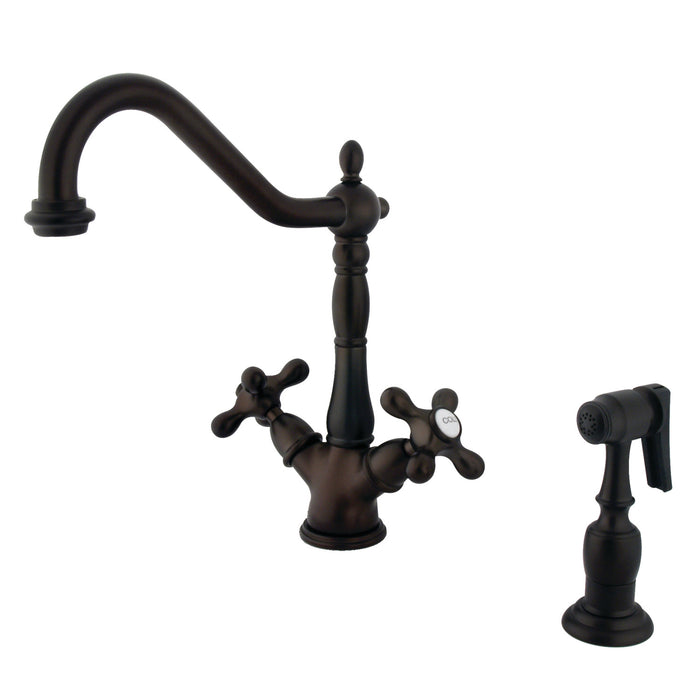 Kingston Heirloom KS1235AXBS - Heritage Two-Handle 2-or-4 Hole Kitchen Faucet with Brass Sprayer, Oil Rubbed Bronze