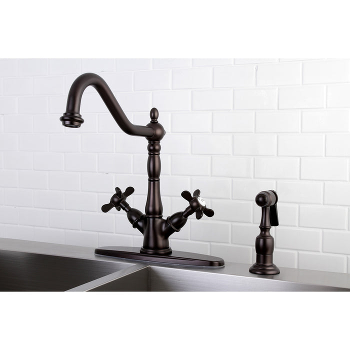 Kingston Heirloom KS1235BEXBS - Essex Two-Handle 2-or-4 Hole Kitchen Faucet with Brass Sprayer, Oil Rubbed Bronze