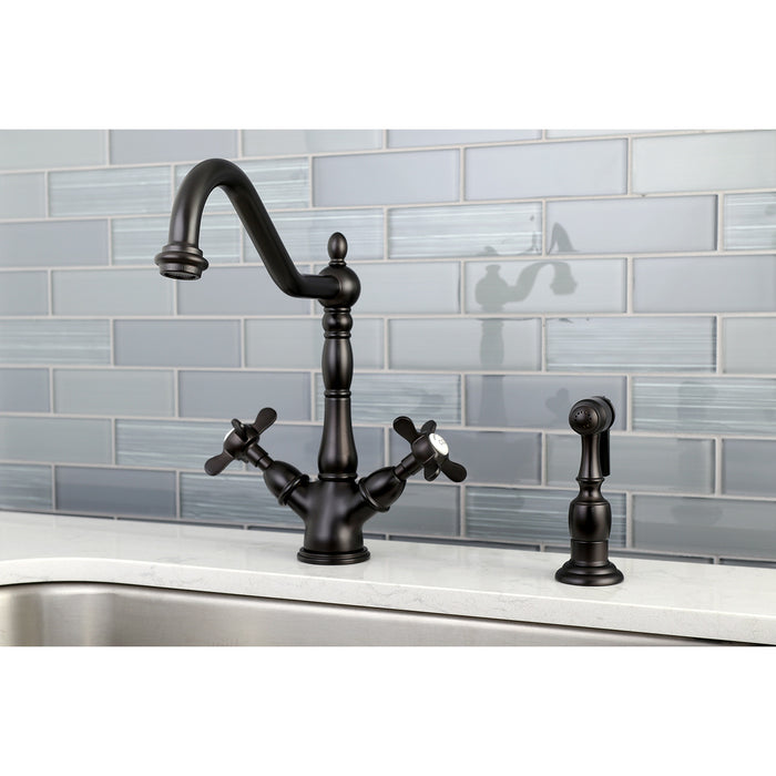 Kingston Heirloom KS1235BEXBS - Essex Two-Handle 2-or-4 Hole Kitchen Faucet with Brass Sprayer, Oil Rubbed Bronze