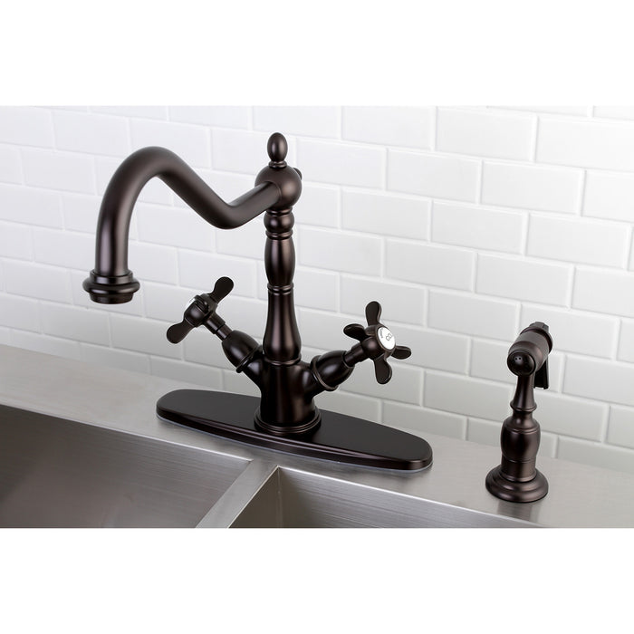 Kingston Heirloom KS1235BEXBS - Essex Two-Handle 2-or-4 Hole Kitchen Faucet with Brass Sprayer, Oil Rubbed Bronze